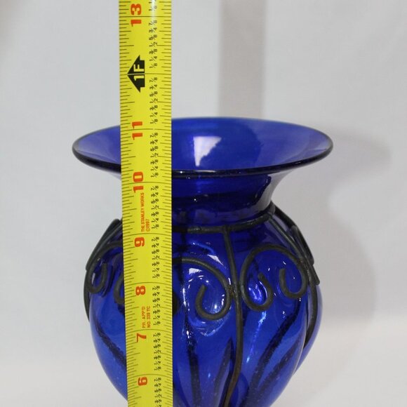 Vintage Cobalt Blue Hand Blown Caged Glass Vase - Picture 8 of 12